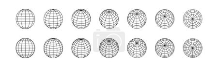 Illustration for Globe grids. 3D spheres various position. Striped 3D balls, earth globe grid linear geometry vector orb symbol set. Round shape with horizontal and vertical lines, latitude and longitude - Royalty Free Image