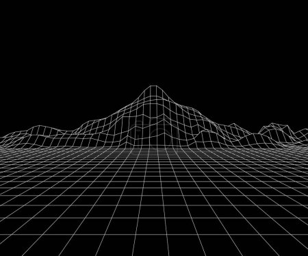 Ilustración de Montañas rejilla pico. 3d paisaje poligonal de ondas sintéticas. Montaña futurista abstracta. Fondo de pantalla retroondas, vector vaporwave fondo. Galaxy espacio futuro planeta videojuego - Imagen libre de derechos