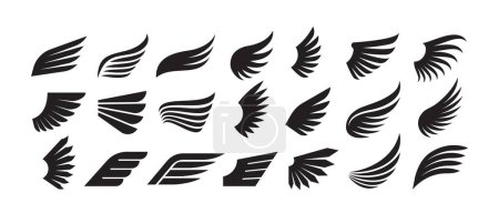 Illustration for Wings logo. Wing silhouette insignia, angel winged emblems. Eagle, aviation symbols. Vintage tattoo, freedom graphics vector set. Bird feather black elements, isolated angelic objects - Royalty Free Image