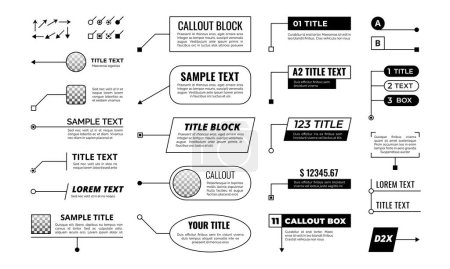 Illustration for Callout. Title text box frame, infographic callouts. Pop-up textbox balloons, speech labels with arrows. Tech layouts vector set. Template for information description in presentation, news - Royalty Free Image