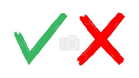 Illustration for Sign green tick and red cross. Checking handwriting symbols, positive and negative choice icon, select yes or no signs on white background. Vector. Accepting or rejecting option, checklist - Royalty Free Image