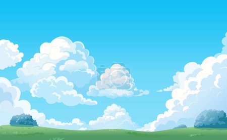 Cartoon landscape with white clouds on sky. Background with cloud and beautiful field, summer green country hill, meadow scene, spring nature land. Vector illustration. Outdoor lawn, sunny day