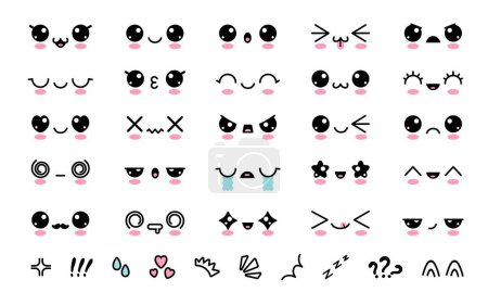 Cara de kawaii de dibujos animados. Caras de anime japonés lindo personaje, ojos y boca, emociones felices y tristes faciales, emoji chico y chica, emoticonos. Conjunto de vectores. Adorables expresiones faciales colección aislada