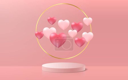 Ilustración de Podio y corazones. Producto de San Valentín plataforma 3D, anillo de oro con formas de corazón rojo y rosa. Tarjeta romántica de la boda, banner de regalo vector. etapa de celebración de vacaciones, exhibición - Imagen libre de derechos
