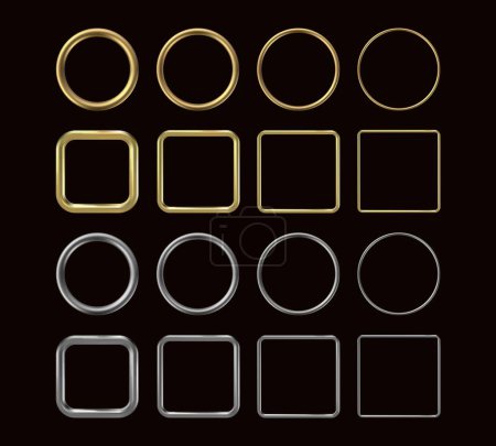 Illustration for 3d golden frames. Circular and square gold and silver shiny border rings, realistic metal simple round and rectangular wedding decoration. Vector set. Minimal geometric shapes, border templates - Royalty Free Image