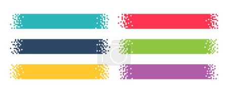 Illustration for Pixel banner. Header, footer color layout with mosaic edges. Horizontal title tags with pixels. Labels pixelated decoration advertising vector elements. Rectangular dotted shapes isolated set - Royalty Free Image