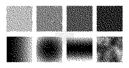 Illustration for Pixel textures. Seamless and gradient mosaic patterns, black square particles. Random dots halftone geometric effect. Isolated vector monochrome background. Various grunge shapes set - Royalty Free Image