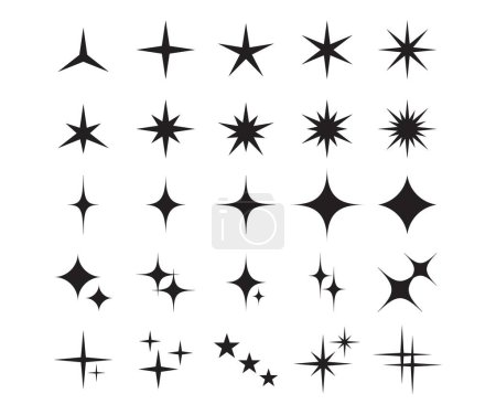 Star-Ikonen. Funkelnde Form, funkelndes Licht-Symbol. Glitzerndes Glanz-Element, Starburst-magische Zeichen. Weihnachtssterne Feuerwerk Vektor isoliert Set. Leuchtende und leuchtende Raumformen