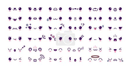 Illustration for Anime emotion face. Cartoon kawaii character expressions. Comic emotions avatar, animal faces, smile and kiss symbols, doodle emoticon. Vector set. Angry, winking and sleeping emoji - Royalty Free Image