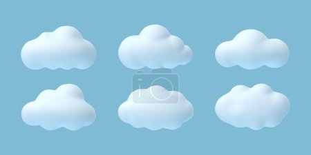 Ilustración de Nubes 3d. Nube blanca de dibujos animados en verano, cielo azul primaveral, formas de cúmulo esponjoso. Elementos de globo abstractos conjunto vectorial aislado. Cielo con suave y flotante paisaje nublado, clima cálido - Imagen libre de derechos