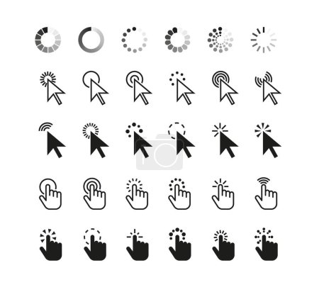 Illustration for Pointer click cursor icon. Web outline pictogram cursors arrow, computer hand, finger and wait loading circle symbol. Digital website tools. Vector set. Isolated pointing cyberspace elements - Royalty Free Image