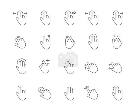 Téléchargez les illustrations : Icônes de main geste Web. Icônes simples avec la main à l'aide d'un smartphone, doigt signe toucher, cliquer, zoomer, faire pivoter, appuyez sur l'affichage. Interface écran tactile. Ensemble vectoriel. Dispositif avec mouvements de défilement et de glissement - en licence libre de droit