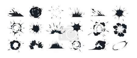 Illustration for Cartoon explode effects. Speed comic explosive smoke, boom effect, air motion steam energy, lightning and sparks. Bang motion. Vector set. Dynamite bang with sparks and fumes of different shape - Royalty Free Image