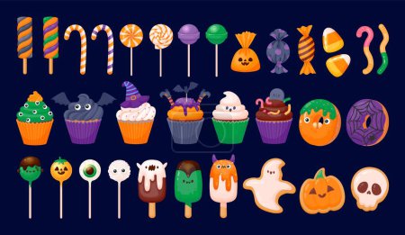 Illustration for Halloween sweets. October holiday, kids autumn party. Trick or treat sweet candy, chocolate, pumpkin cookie, colorful lollipop, ghost cake. Vector set. Desserts for celebration as skull, eyeball - Royalty Free Image
