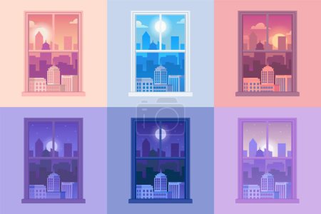 Illustration for Window day night views. Windows outside view sunny day, night and morning time, frame with city, evening background with town building with sun and moon. Vector illustration. Cityscape with skyscraper - Royalty Free Image