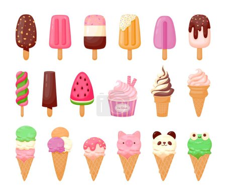 Illustration for Cartoon ice cream. Sweet sundae, gelato in cone, cute chocolate summer freeze dessert, fruit popsicle, delicious scoop ice cream with animal face. Vector set. Delicious refreshments - Royalty Free Image