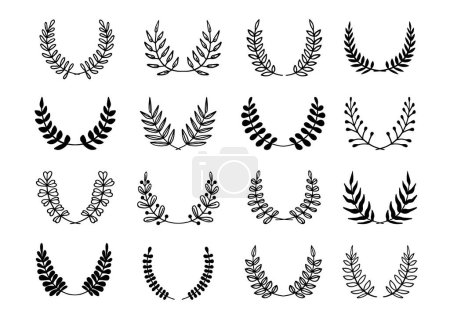 Illustration for Floral branch element. Doodle leaf ornament, hand drawn flourish, wreath, plant frame, simple decorative sketch, vintage swirly foliage for invitation vector set. Symbol of victory or triumph - Royalty Free Image