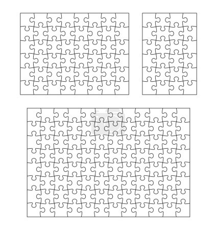 Téléchargez les illustrations : Puzzle. Jigsaw pièces 24, 48 et 96 modèle, puzzles forme grilles vierges schéma. Ensemble vectoriel de trajectoire de course modifiable et motif sans couture de mosaïque de puzzle. Assemblage des pièces, complétant les détails - en licence libre de droit