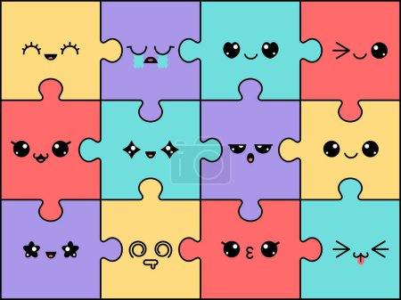 Téléchargez les illustrations : Puzzles avec des visages. Personnages Kawaii sur des pièces de puzzle colorées. Émoji mignon avec des émotions faciales. Joyeux, sourire et pleurer, concept vectoriel d'expression en colère. Jeu de logique lumineux, composants connectés - en licence libre de droit