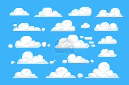 Illustration for Pixel cloud. Game animation 8bit sky, digital cloudy retro scene, flying white computer clouds on blue sky, 16-bit gamification concept, pixels elements. Vector set. Fluffy floating heavens - Royalty Free Image