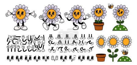 Téléchargez les illustrations : Caractère de fleur de dessin animé. Constructeur rétro Daisy. Visage de fleur souriant, drôle de mascotte de marche camomille avec abeille, plante en pot. Sticker design tendance, set vectoriel. Mains et jambes pour l'animation - en licence libre de droit
