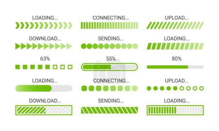 Illustration for Loading bar. Green download progress loader, buffer status UI elements. Upload, download and sending speed indicators, time loading screen vector icons. Computer system refreshing, connecting - Royalty Free Image