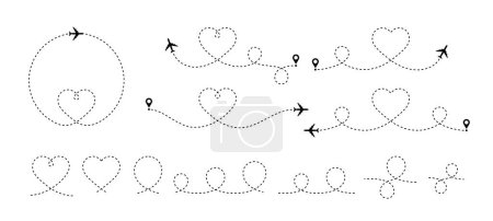 Illustration for Heart airplane. Plane with dashed line in heart shape, travel love Valentine day romantic concept. Honeymoon journey, aircraft trip vector stroke editable set. Different flight route with curves - Royalty Free Image