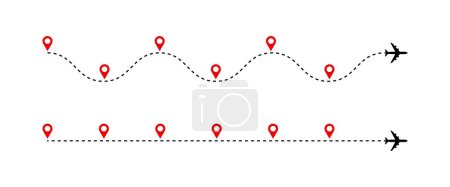 Ilustración de Cronología. Ruta de avión rayado línea con pines de mapa rojo, carta de ruta de viaje del avión con seis pasos. Éxito proceso de negocio diagrama vector líneas de tiempo infografías. Camino de vuelo recto y con curvas - Imagen libre de derechos