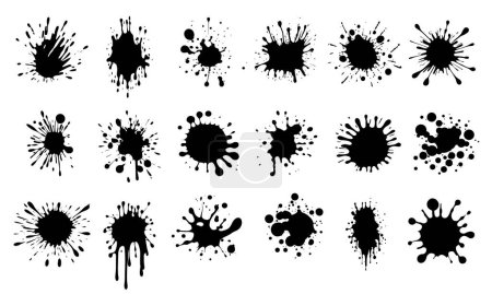 Illustration for Ink blots. Black ink paint splatter, drops and splashes. Inking spray stains, dripping liquid. Muddy inkblot flecks silhouettes isolated. Vector set. Abstract shapes with droplets and drips - Royalty Free Image