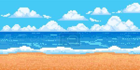 Illustration for Pixel sea landscape. 8-bit sun beach with wave, cloud and sand. Game summer ocean panorama. Cloudy blue sky with horizon background. Pixels island scene. Vector illustration. Beautiful paradise - Royalty Free Image