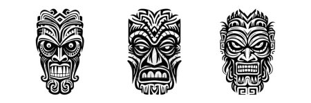 Illustration for Tiki idols. Tribal polynesian mask, hawaiian wooden totem. Aztec style retro tattoo, African voodoo scary god design. Tribal-tiki exotic face. Vector set. Mythological symbols, African religion - Royalty Free Image
