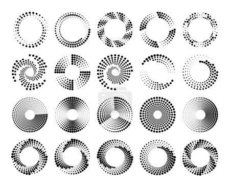 Illustration for Circle dotted speed lines. Circles with dat pattern, circular spiral halftone. Concentric speed motion shape for logo, radial dynamic swirl vector set. Rotating movement elements isolated on white - Royalty Free Image