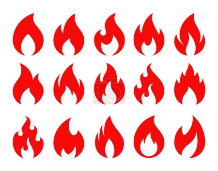 Téléchargez les illustrations : Icônes de feu. Flamme brûlante chaude, feu de camp et symboles rouges d'énergie. Émoji de feu impressionnant, excitant ou cool, feu de joie flamboyant. Ensemble vectoriel isolé logo Fireball. Animation éléments inflammables - en licence libre de droit