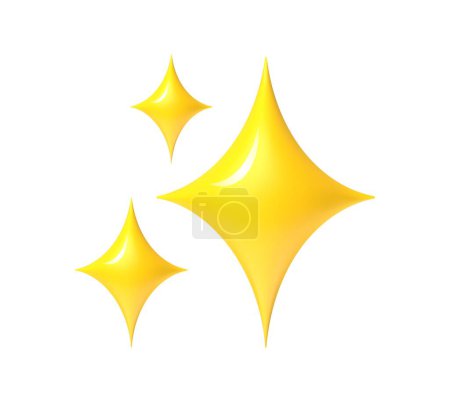 Illustration for Shining stars emoji. Sparkles golden 3d style star icon, twinkle social media platform symbol. Yellow cartoon glittering abstract element vector set. Glossy icons, best service rate - Royalty Free Image