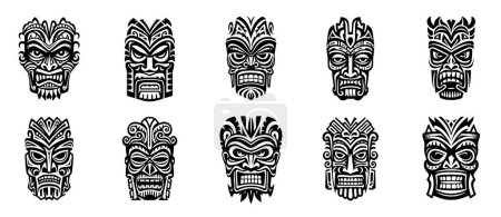 Téléchargez les illustrations : Masques ethniques. Totem Tiki, chef de tribu africaine vaudou. dieu traditionnel zoulou, hawaïen vintage tatouage rituel visage polynésien ensemble vecteur noir. idole cérémonielle tribale, mythologie - en licence libre de droit