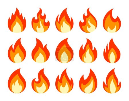 Fire emoji. Campfire burning flame, cartoon hot red bonfire, fireball abstract cool awesome symbol. Isolated wildfire vector icons set. Fireplace, camping or tourist element of different shapes