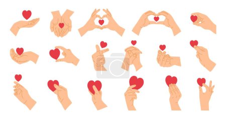 Ilustración de Manos de dibujos animados con corazón. Corazón rojo en las manos de expresión, gesto posa mostrando y sosteniendo la forma del amor. Concepto de diseño romántico con palma y dedos para el conjunto de vectores del Día de San Valentín. Amada pareja - Imagen libre de derechos