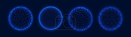 Illustration for 3d grid spheres with light dots. Atom Earth orb, science globe with particles virtual reality mesh balls. Abstract glowing blue spheres vector set. Futuristic shapes, modern technology - Royalty Free Image