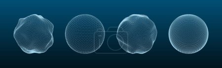 Illustration for 3D sphere mesh. Globe shapes with dots and line grid, orb wire structure models matrix futuristic concept. Digital polygonal balls with particles vector set. Physic abstract surfaces - Royalty Free Image