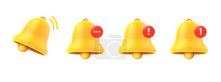 Illustration for 3d notification bell icon. Yellow ringing bell render with new subscription notification, social media reminder, alert. Realistic vector ui phone icons. Message or mail alert in online application - Royalty Free Image
