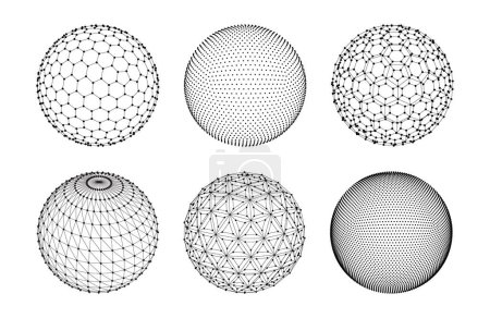 Illustration for 3d sphere mesh. Globe, planet with dots and lines, ball polygon grids. Futuristic technology digital structure wireframe. Abstract sci-fi vector set. Physical outline isolated models - Royalty Free Image