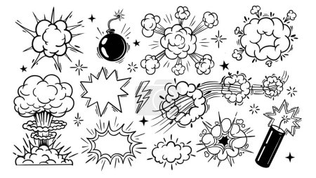 Téléchargez les illustrations : Explosion d'une bombe de bande dessinée. Doodle combattre les effets boom et bang, noir pop tiré éléments explosifs, exploser les nuages, croquis formes. Ensemble vectoriel. Explosion de dynamite, collision avec le smog - en licence libre de droit