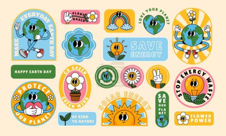 Illustration for Cartoon retro Earth stickers. Save planet. Old style 70s funny mascot eco-friendly earth character. Concept design with protection nature. Earth day. Vector illustration. Solar energy, stope waste - Royalty Free Image