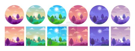 Illustration for Landscape in different parts of day. Countryside landscape in different times of day. Village view in the morning, day and night. Field with trees at noon and evening. Vector set. Sunrise and sunset - Royalty Free Image