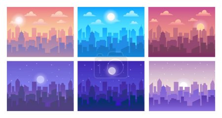 Illustration for Cityscape in different time of day. Town silhouette in morning, evening and day. Night town landscape with urban buildings. Background with moon and sun. Vector set. Skyscrapers silhouettes - Royalty Free Image