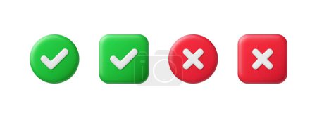 Illustration for Right and wrong 3D buttons. Tick cross, red and green glossy round and square checklist icons. Check mark acceptance, X rejection button. 3d realistic vector set. Positive and negative choice - Royalty Free Image