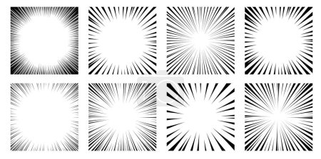 Illustration for Radial speed lines background. Black and white comic action line strips for comic book or magazine. Speed abstract stripes effect patterns for manga. Vector set. Flash and fast action lines - Royalty Free Image