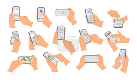 Illustration for Human hands holding smartphone. Cartoon people using phone, receiving text, buying by card, click button, scrolling mobile phone, listening music, watching video, vector set. Checking weather - Royalty Free Image