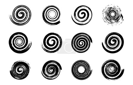Ilustración de Espirales grunge. Giro giratorio abstracto espiral giratoria simple, círculos de pincel de tinta negra, elementos hipnóticos, efecto de transición de movimiento retorcido. Conjunto vectorial aislado. Colección de ciclo de giro hipnótico - Imagen libre de derechos