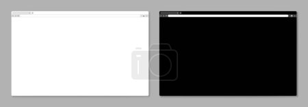 Browser mockups. Blank website window for desktop computer with tab, toolbar and search field. Empty internet latest browser template, light and dark mode page vector set. Blank white and black screen
